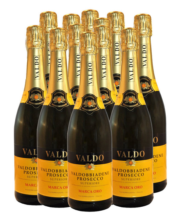 Prosecco Valdo 6 Flaschen Marca Oro + 6 Flaschen Valdo Rosè + 6 Original Valdo Gläser